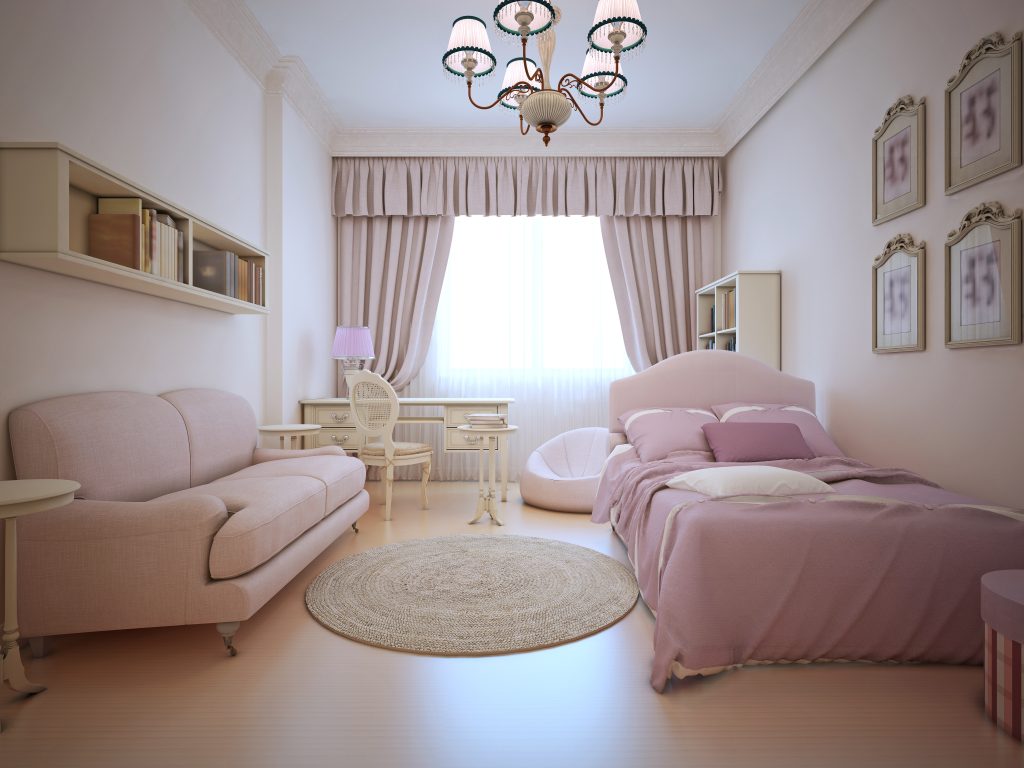 Teenagers bedroom with sofa and bed. Light pink colors, spacy room with large window and elegant curtains.